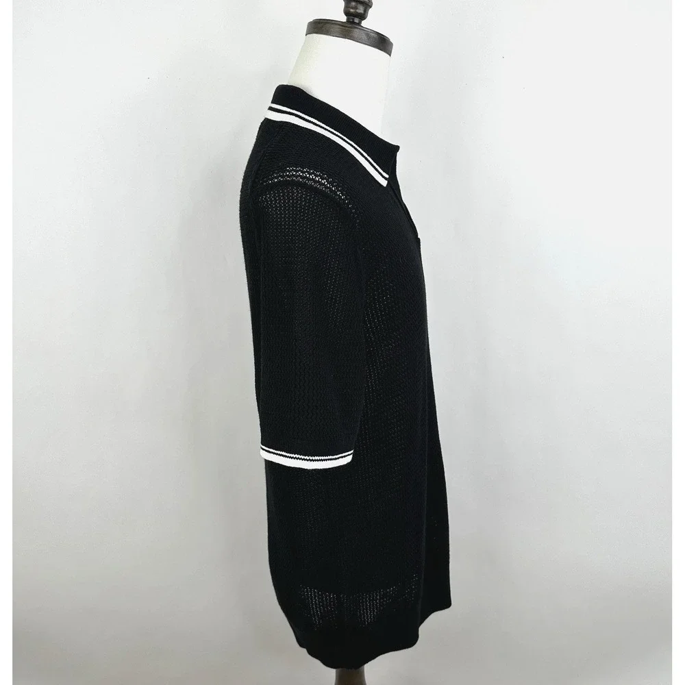 NWT Men's Banana Republic Cotton Zig Zag Sweater Polo MEDIUM‎ TALL M/T Black